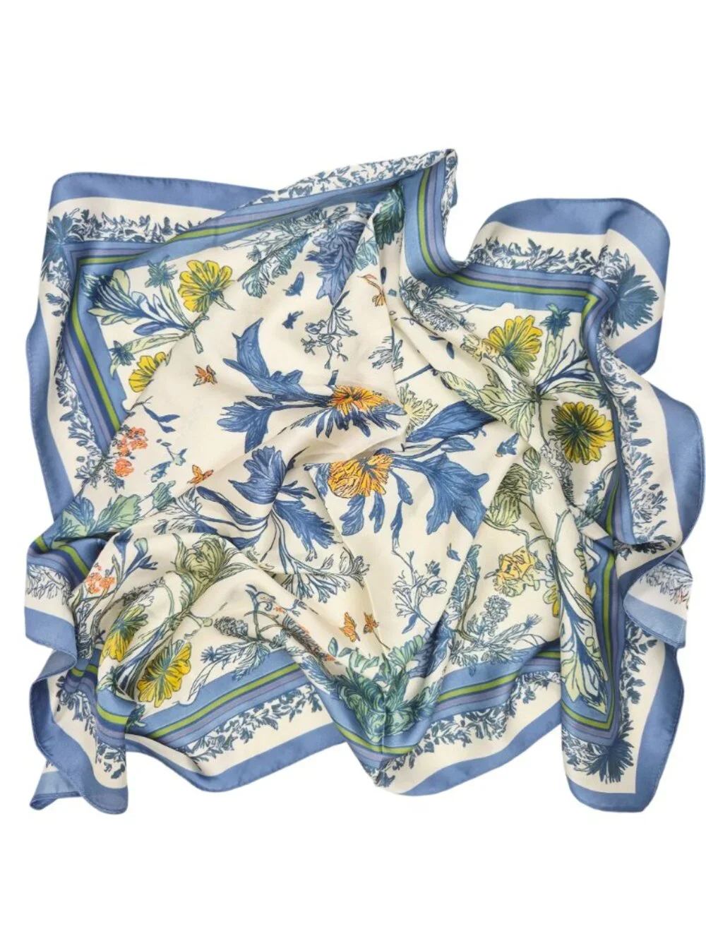 ✨Elegant Blue Floral Silky Square Scarf Beige Blue Luxury Neck Accessory Fashion